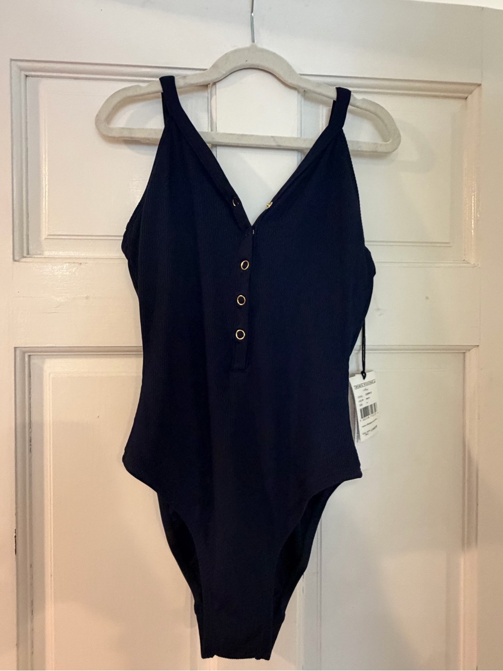 Robin Piccone Women' Navy Ribbed One-Piece Swimsuit with Front Buttons